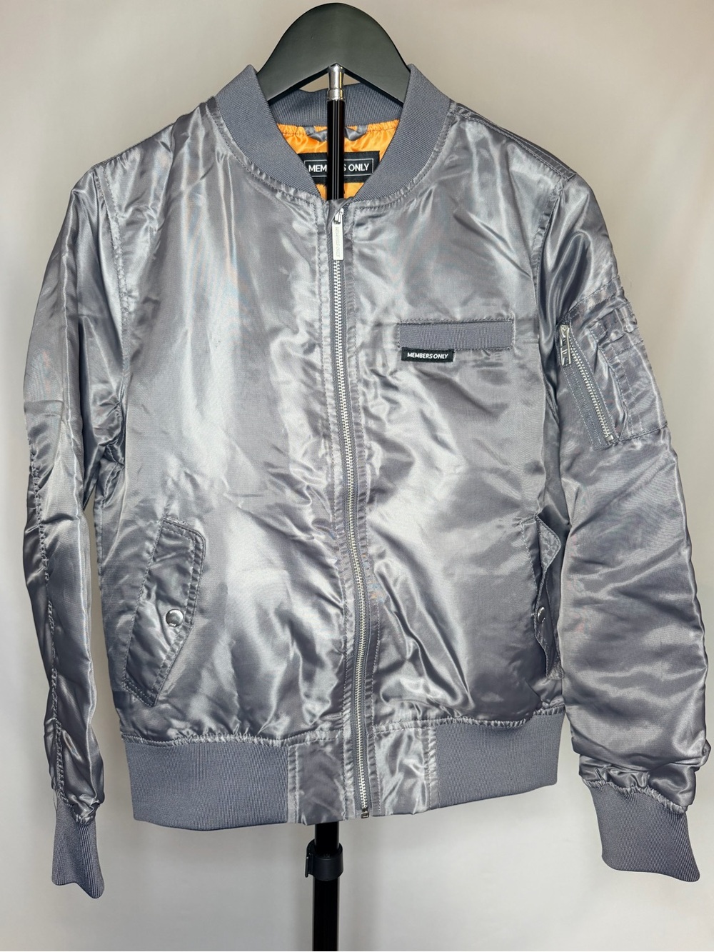 Members Only Silver Bomber Jacket with Orange Lining